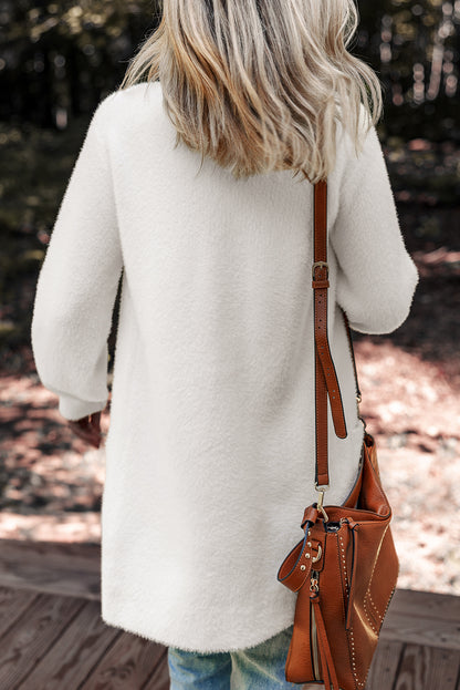 Smoke Gray Fuzzy Buttoned Front Midi Solid Cardigan