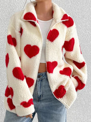 Heart Zip Up Drop Shoulder Furry Jacket