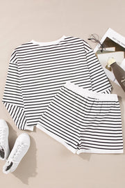 Striped Round Neck Long Sleeve Top and Shorts Set