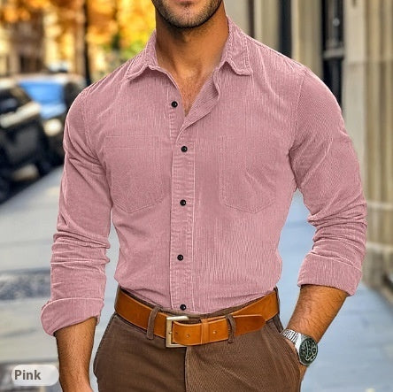 Men's Button Leisure Corduroy Shirt Long Sleeve Solid Color Polo Collar