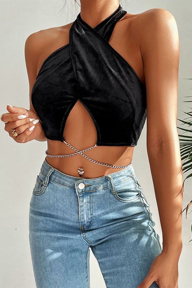 Perfee Chain Detail Halter Neck Velvet Cropped Top