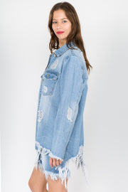 American Bazi Distressed Frayed Hem Denim Jacket