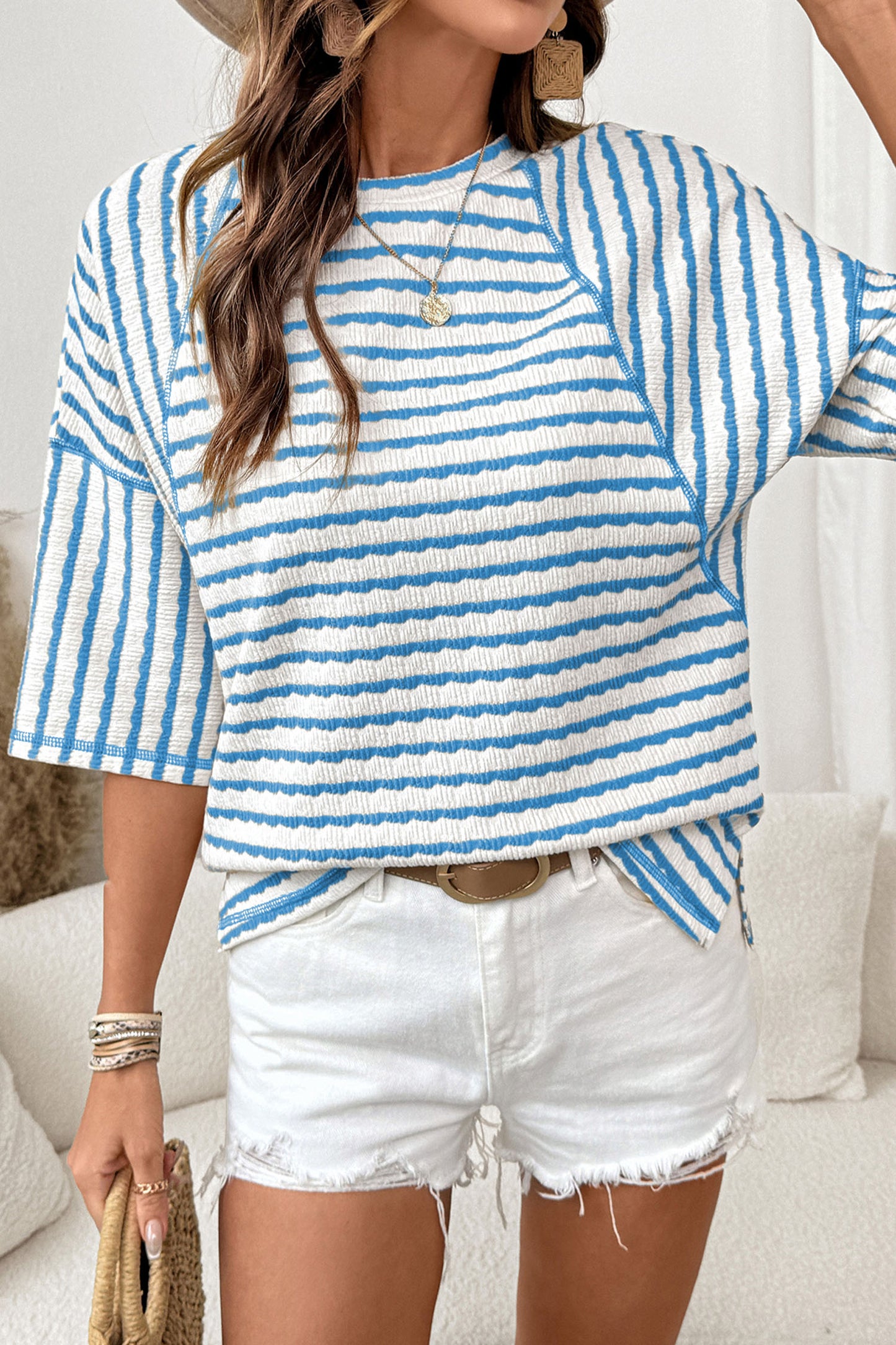 Apricot Stripe Textured Knit Split Hem Half Sleeve Loose Top