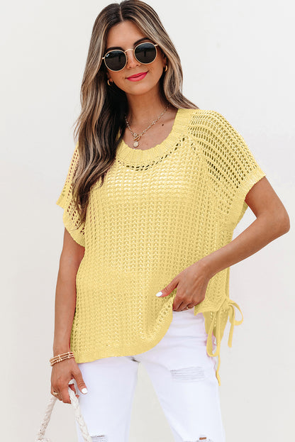 Pink Hollow-out Crochet Side Tied Short Sleeve Sweater