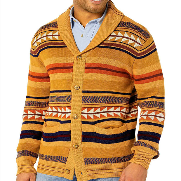 Contrasting Color Jacquard Knitted Cardigan For Men