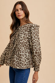 Annie Wear Tied Leopard Round Neck Peplum Blouse