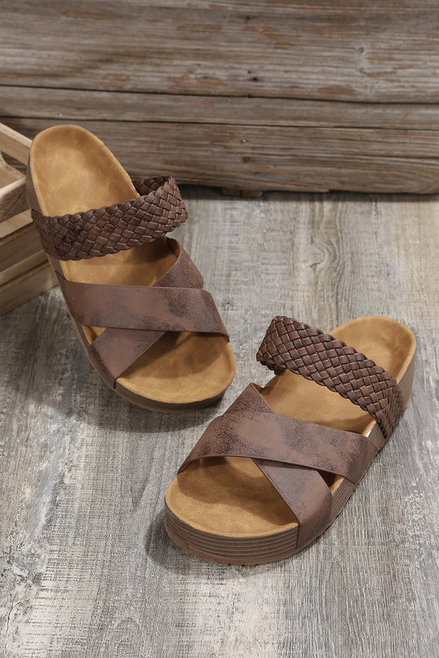 Brown Braided Detail Criss Cross Platform Slippers