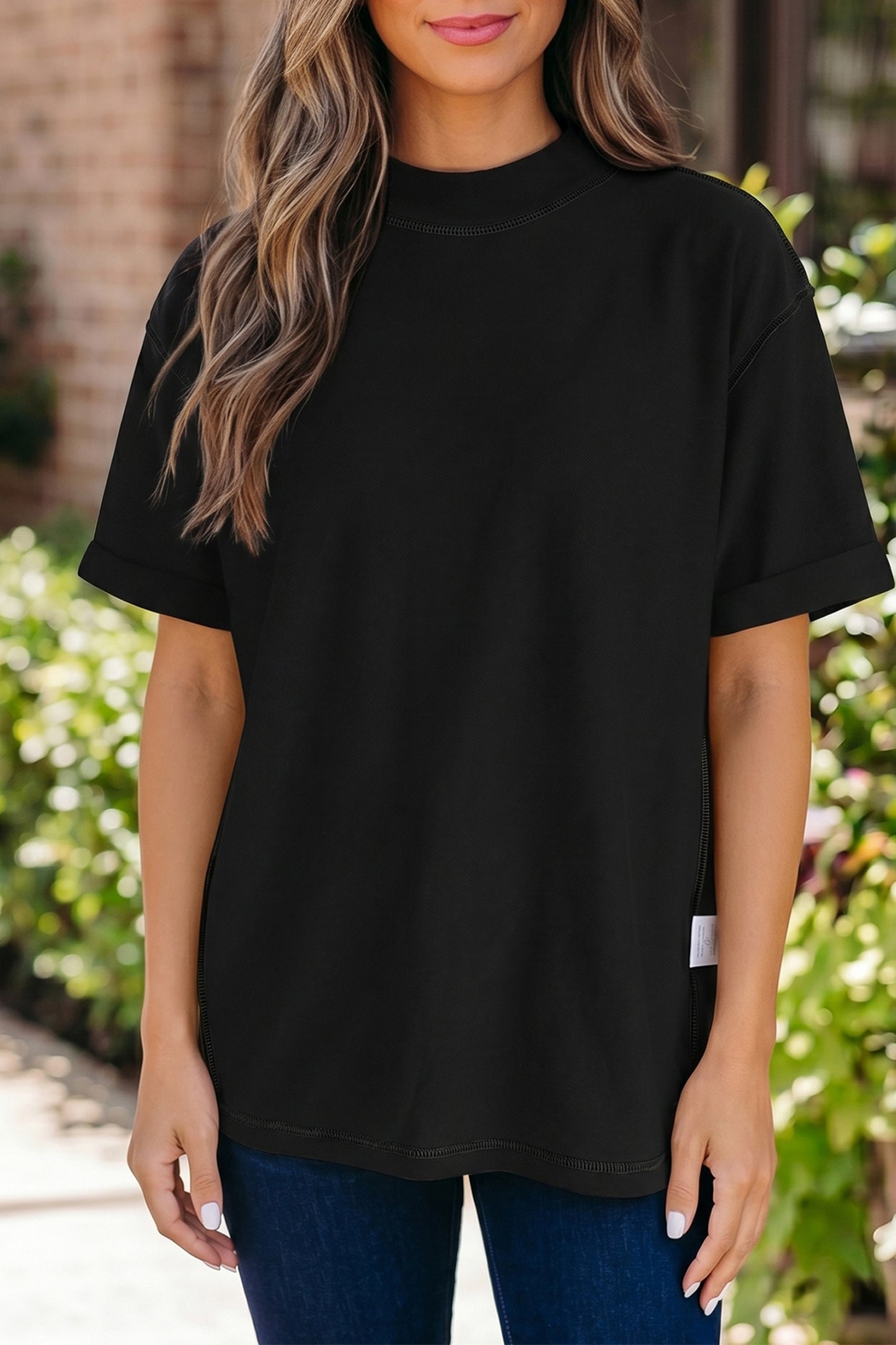 Black Solid Color High Neck Oversize Tee