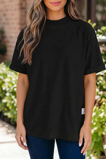 Black Solid Color High Neck Oversize Tee
