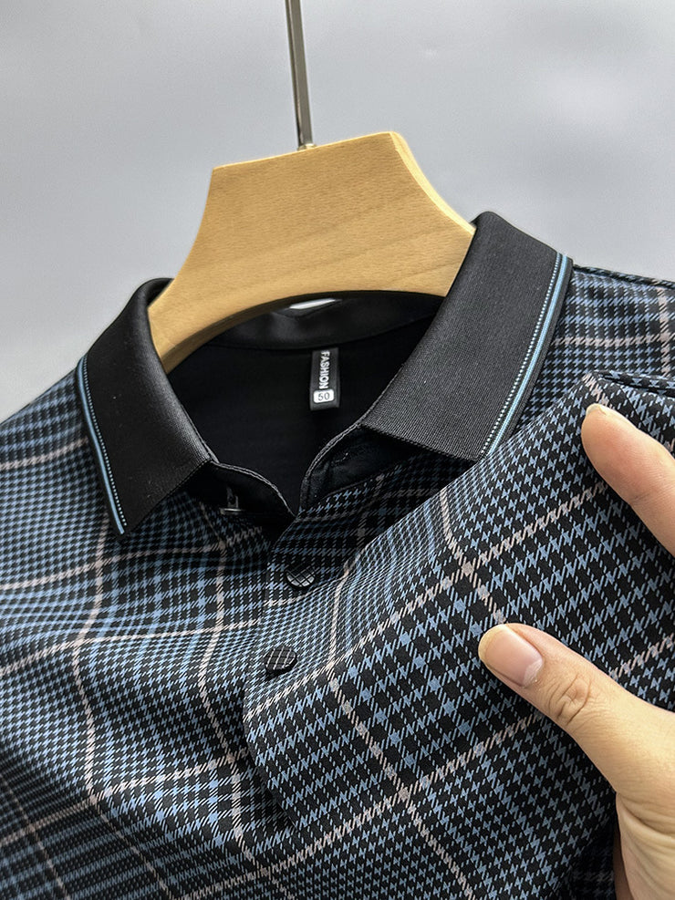 Men Traceless Collar Plaid Half Sleeve Polo Shirt