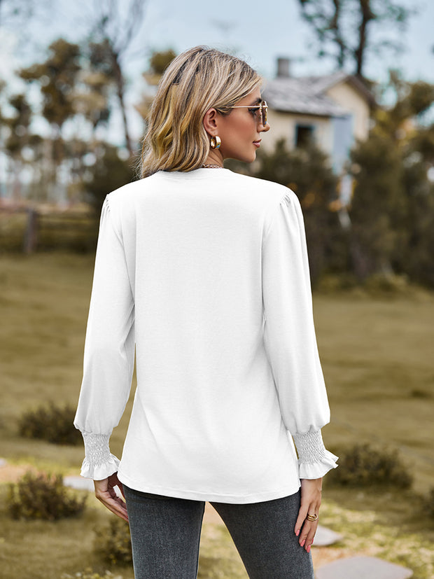 Notched Neck Flounce Sleeve Blouse