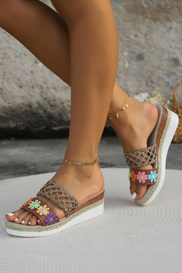 White Floral Print Braided Details Wedge Slippers