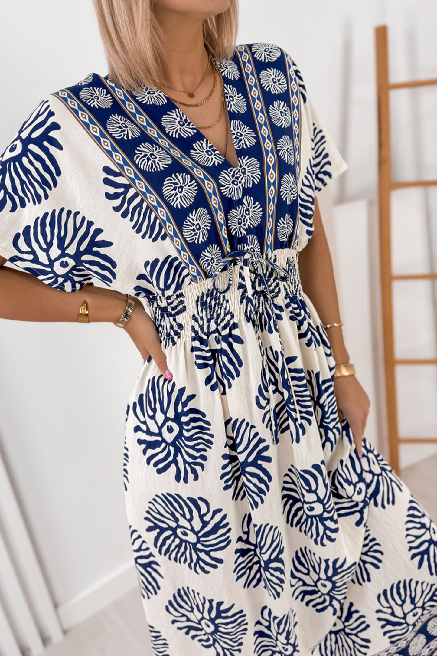 Blue Boho Floral Print Contrast Patchwork V Neck Dolman Maxi Dress