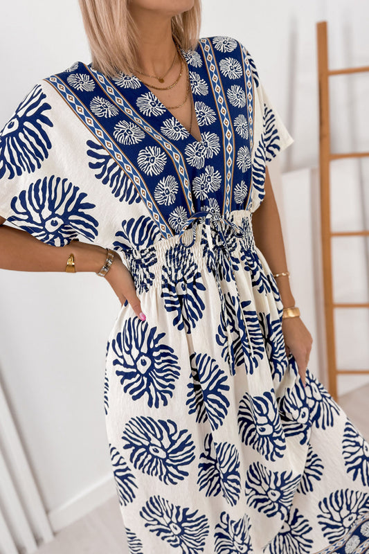 Blue Boho Floral Print Contrast Patchwork V Neck Dolman Maxi Dress
