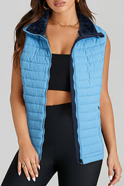 Sky Blue Plush Collared Quilted Zipped Puffer Vest