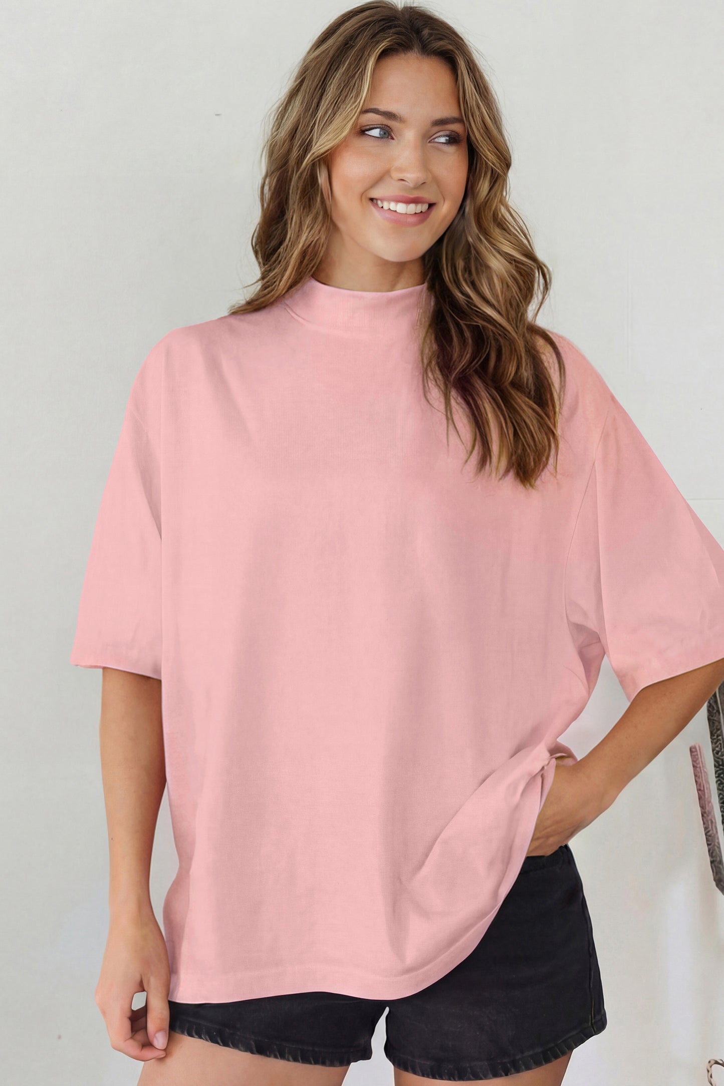 Black Solid Color High Neck Oversize Tee