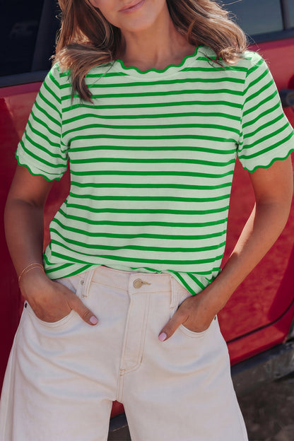 Black Stripe Scalloped Trim Round Neck T Shirt
