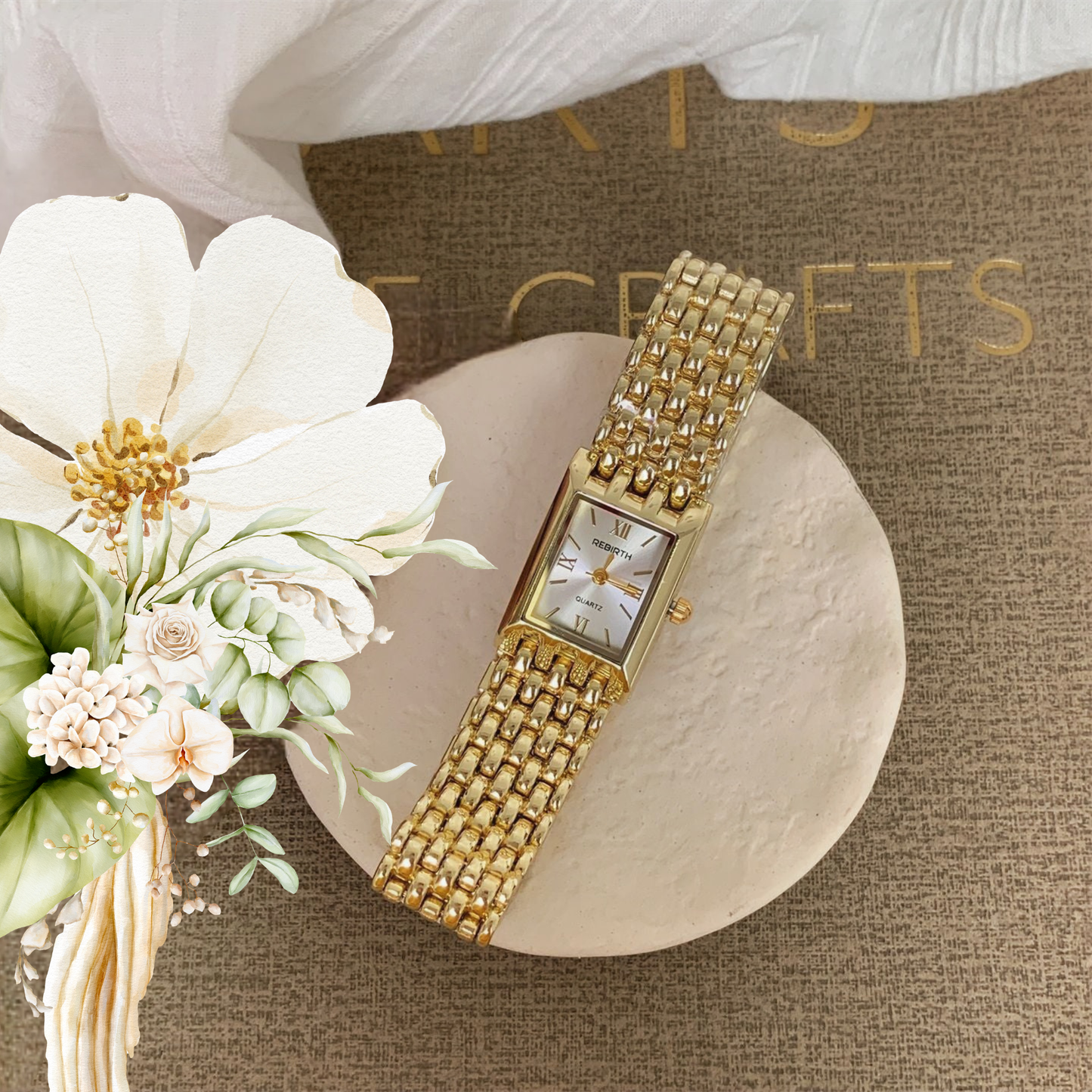 Golden Quartz Rectangular Watch